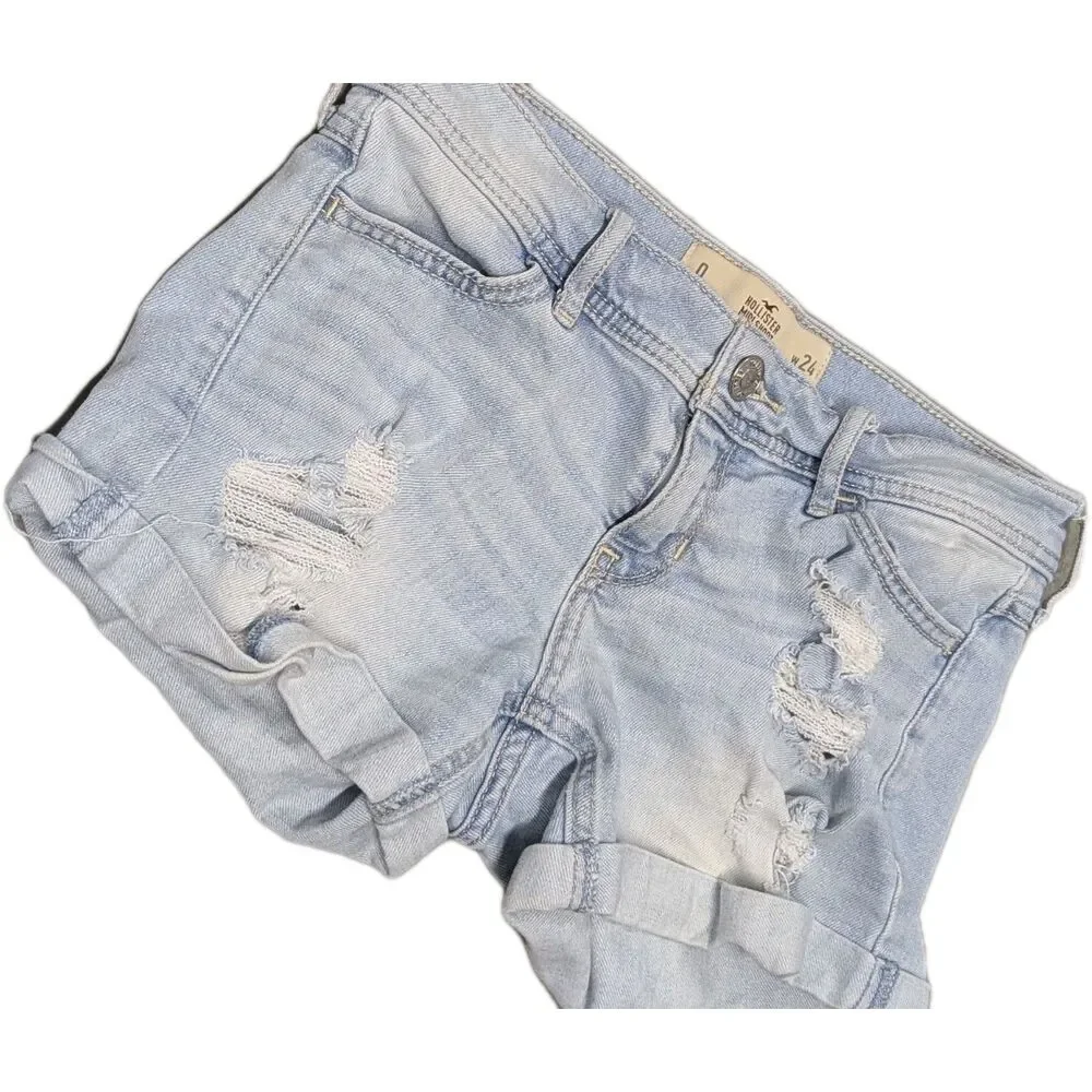 Hollister Size 0 Women's‎ Light Blue Distress Midi Denim Jean Shorts